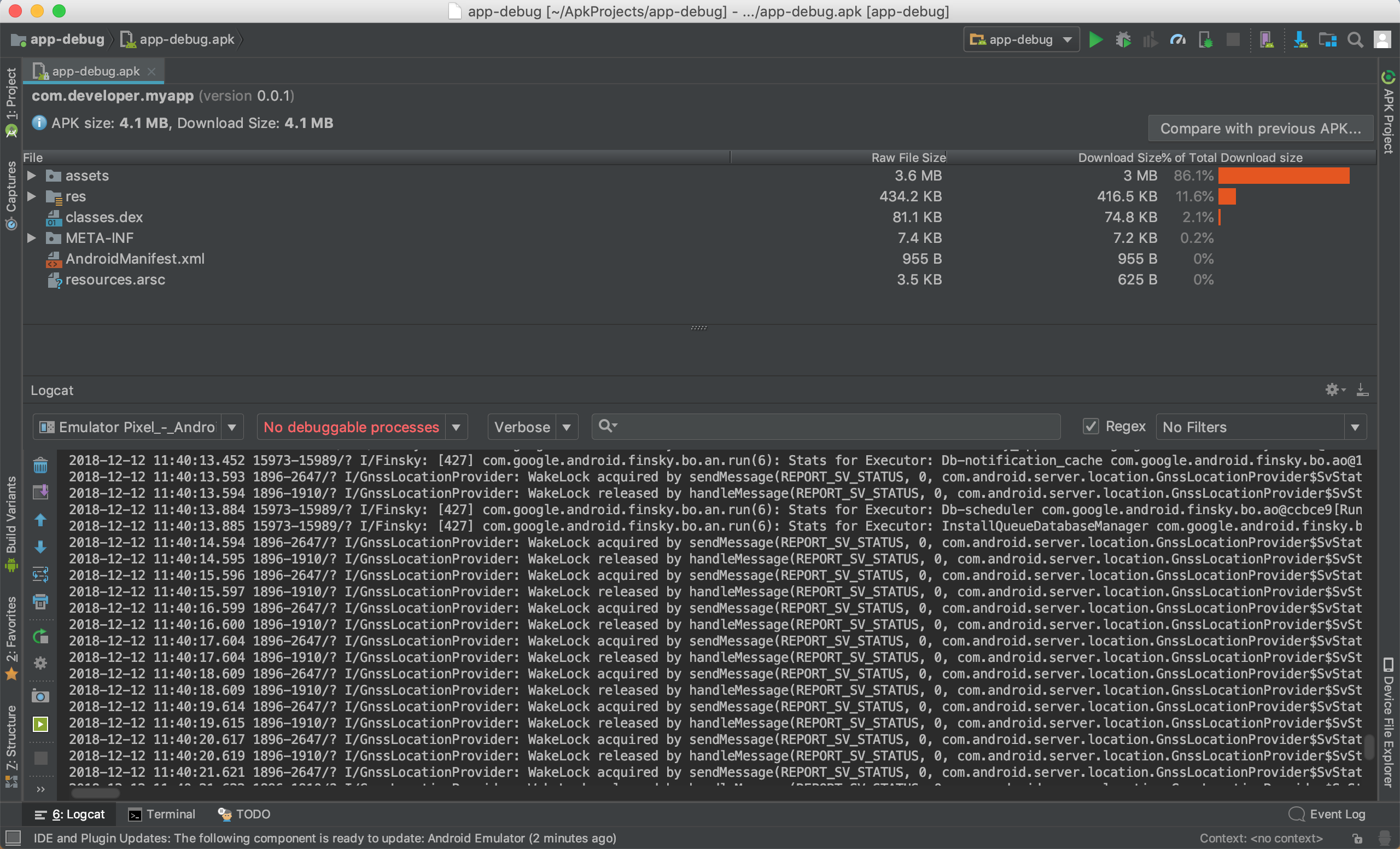 The Logcat window in Android Studio displaying logs from an Android device.