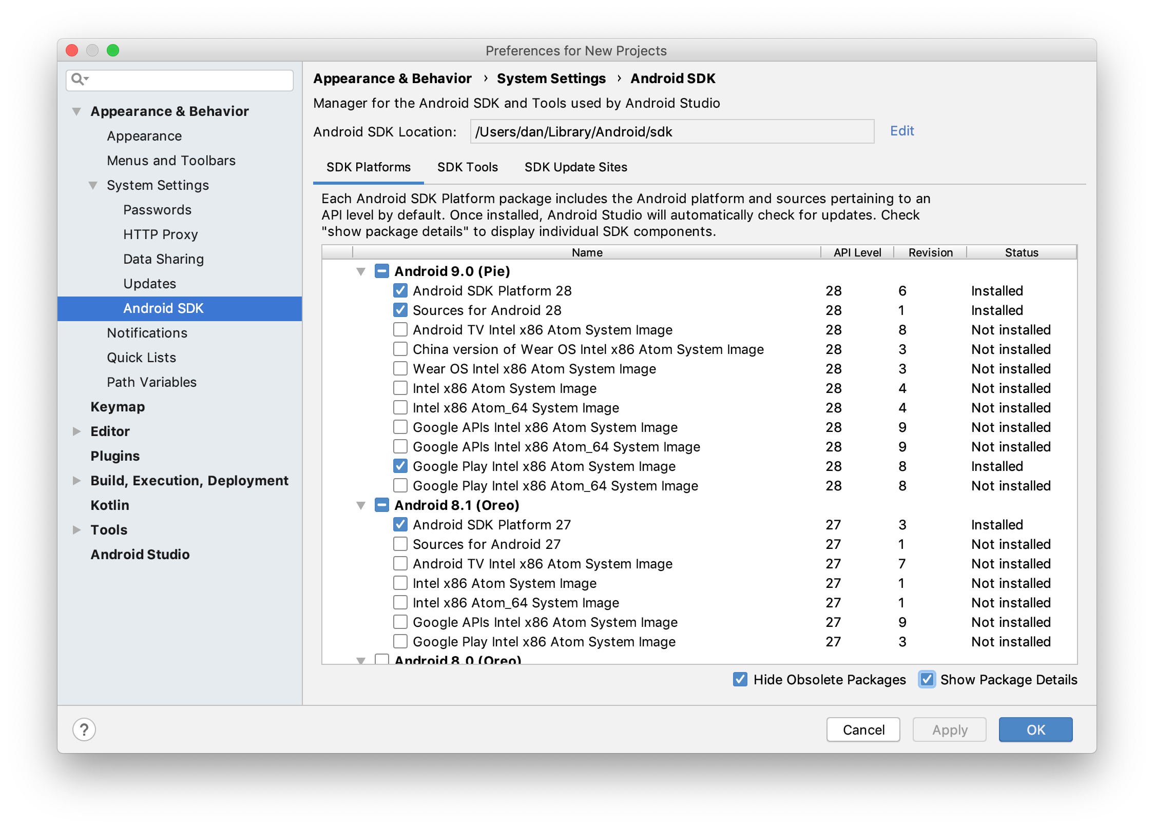 The Android Studio SDK Manager showing installed and available SDK packages.