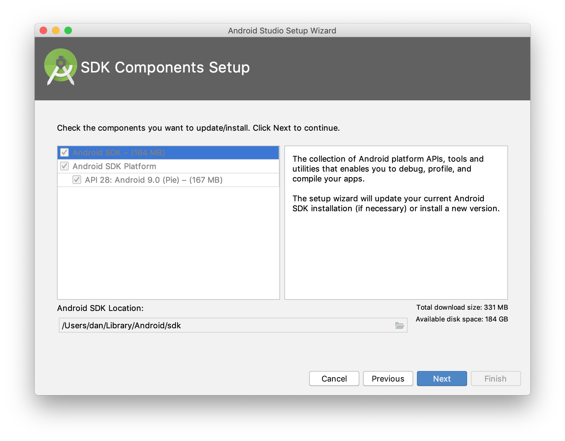 Android Studio SDK Components Setup screen showing the Android SDK and API 28: Android 9.0 (Pie) selected for installation.