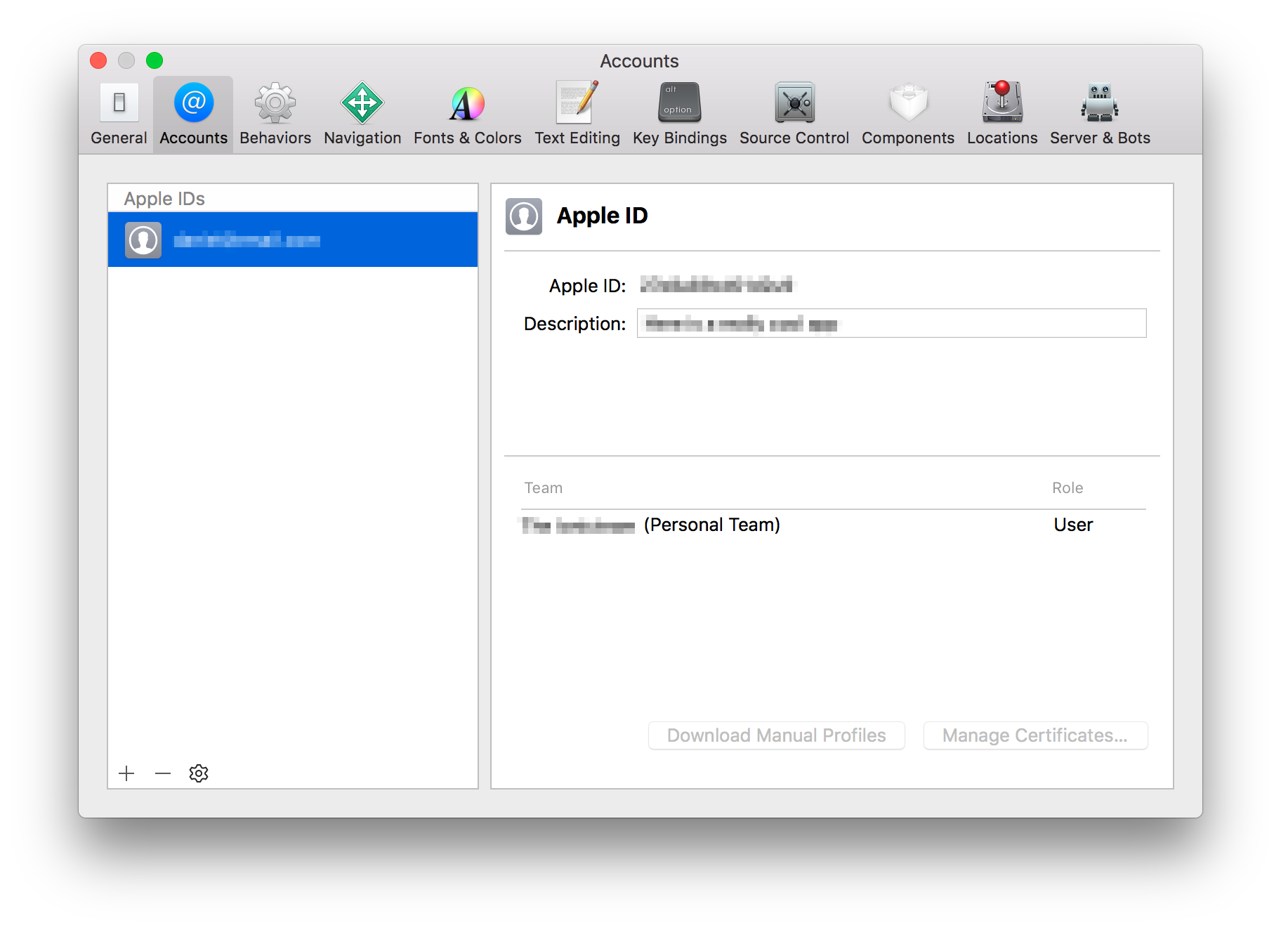 The Accounts section in Xcode Preferences showing an Apple ID and Personal Team.